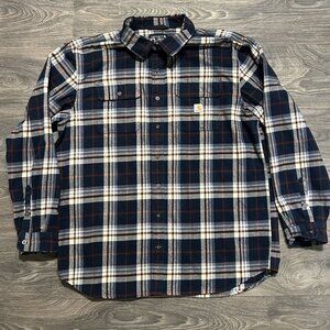 Carhartt 2XLT Loose Fit Heavyweight Flannel Long Sleeve Plaid Shirt Navy 105078